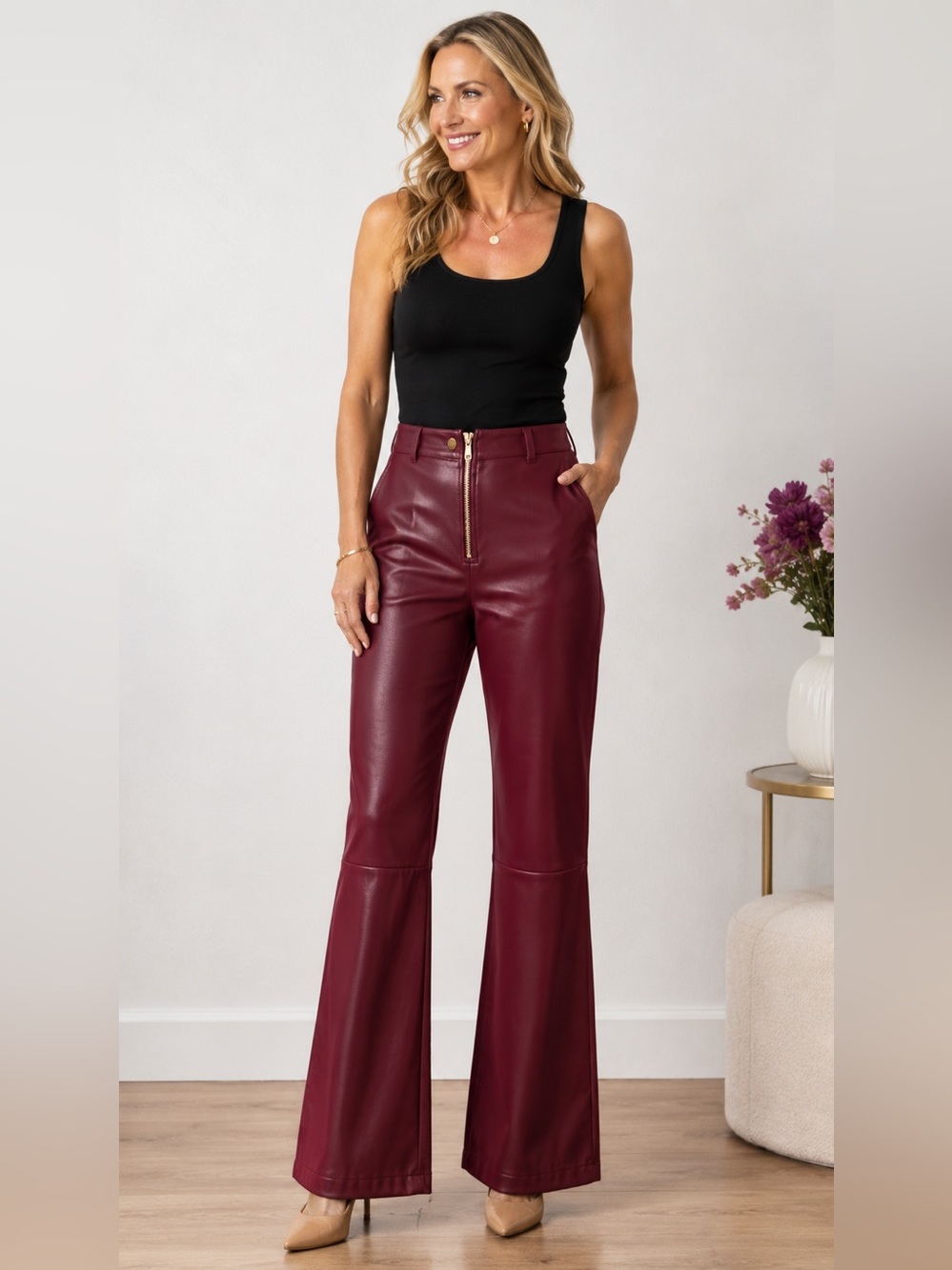 AKIRA Burgundy Faux Leather Cropped Flare Pants Gold Zip Front Size Small